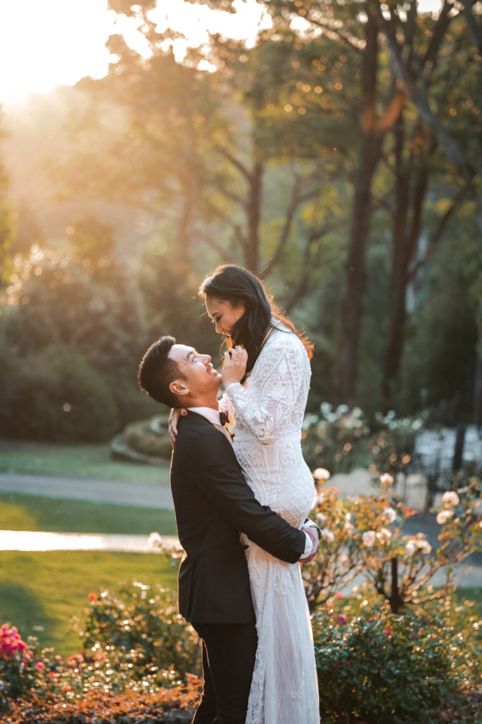 cinematic wedding photo at sunset in gorgeous venue